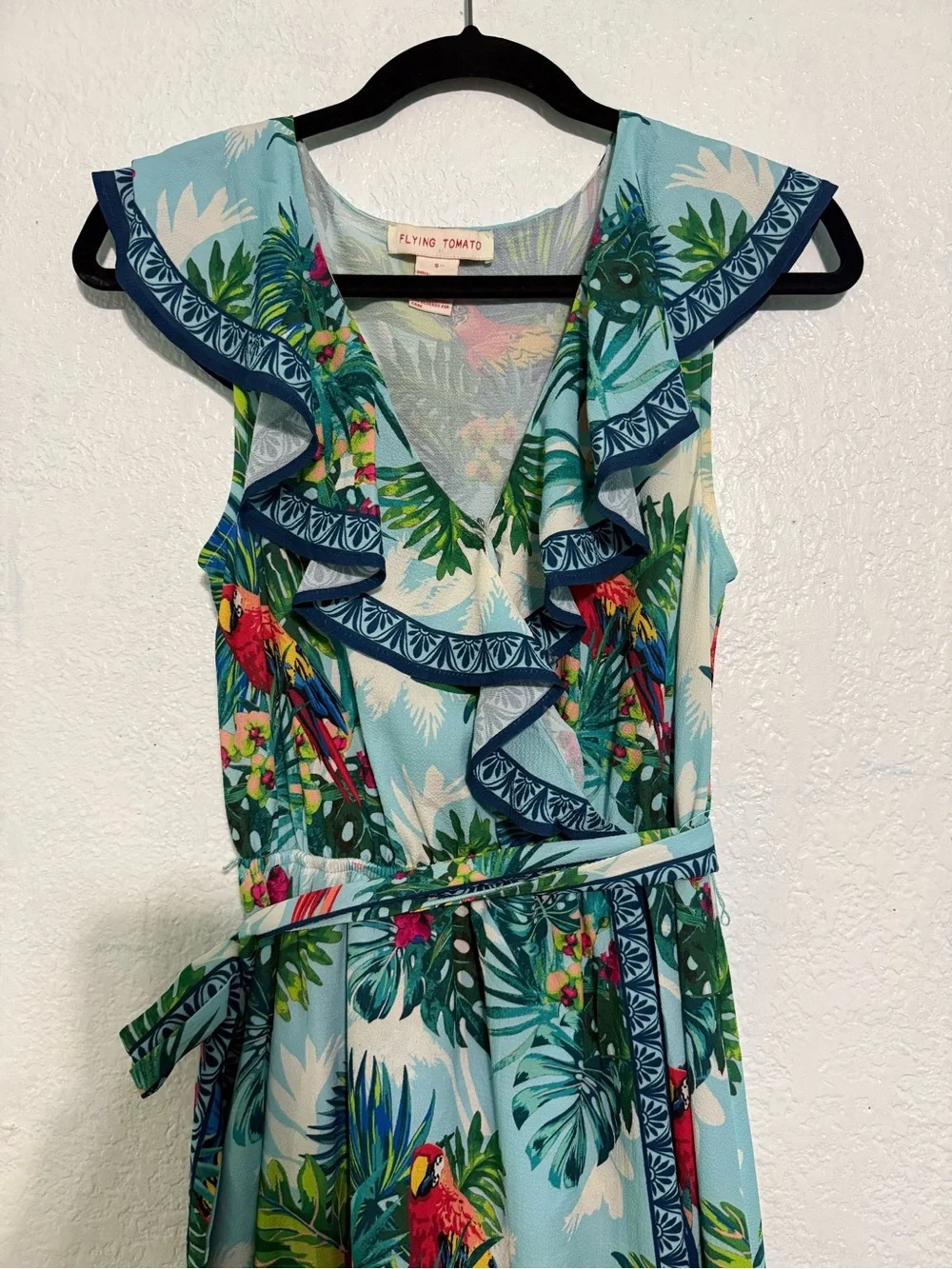 Flying Tomato Tropical Palm Print Ruffle Maxi Dress in Aqua Green